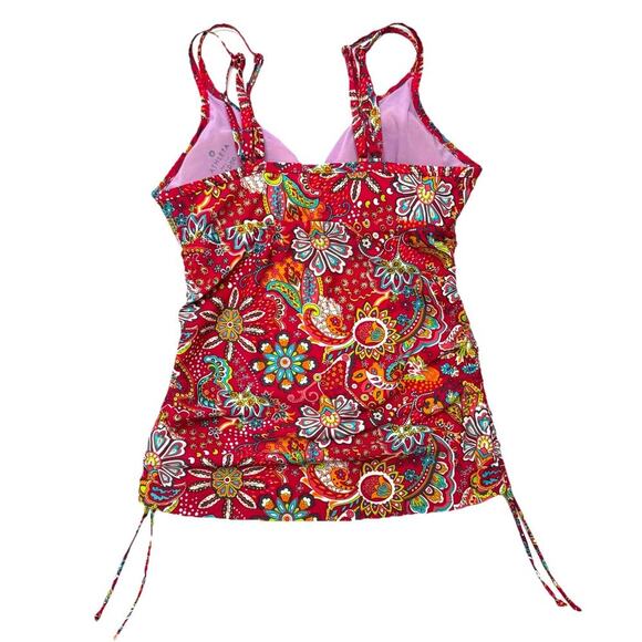 Athleta Tankini Swimsuit Red Paisley Size 34 D/DD Pads Included Cinched Sides M - Picture 2 of 9